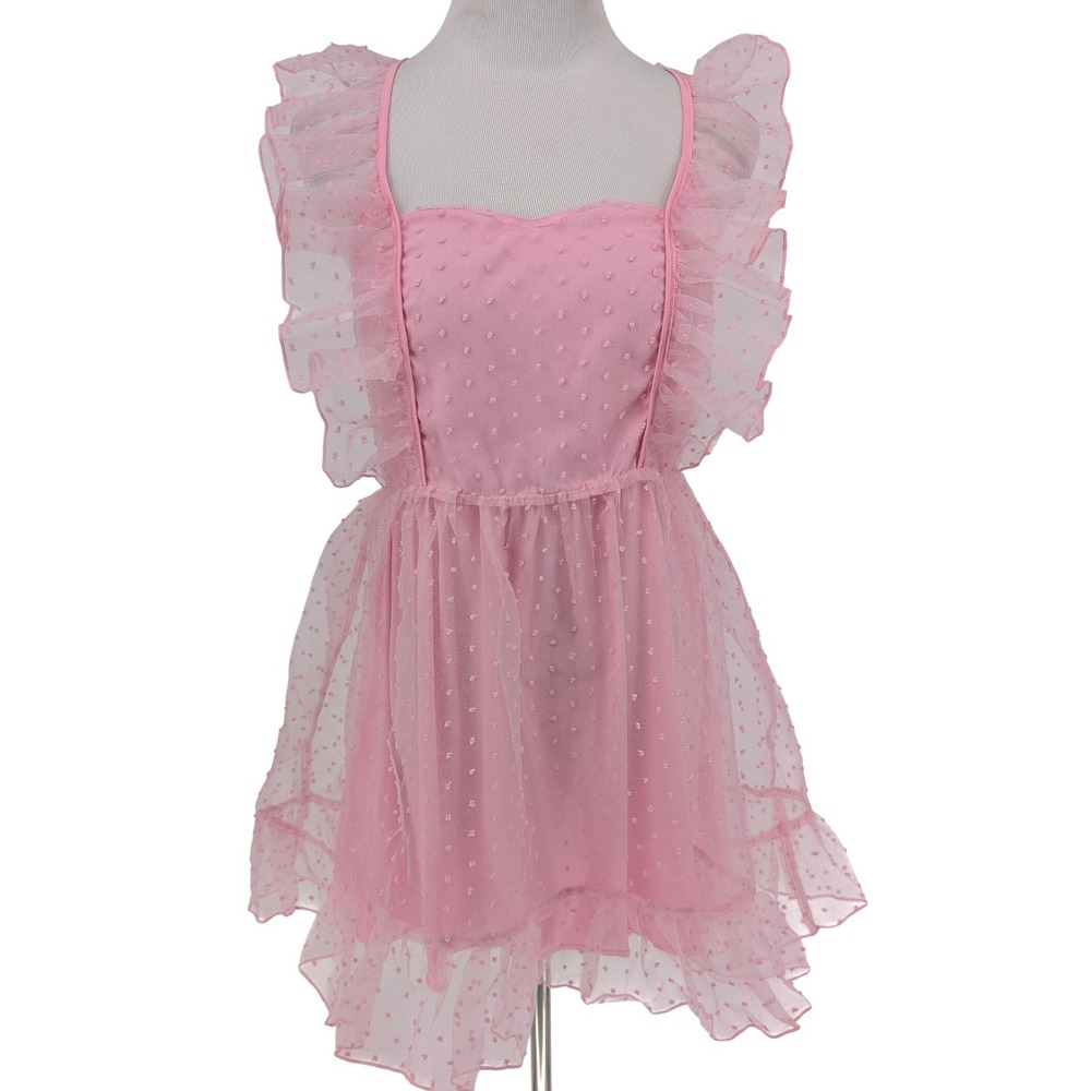 Sugar Thrillz Can't Help Falling Pinafore Dress S Pink Swiss Dot Ruffle Sheer - Picture 2 of 12